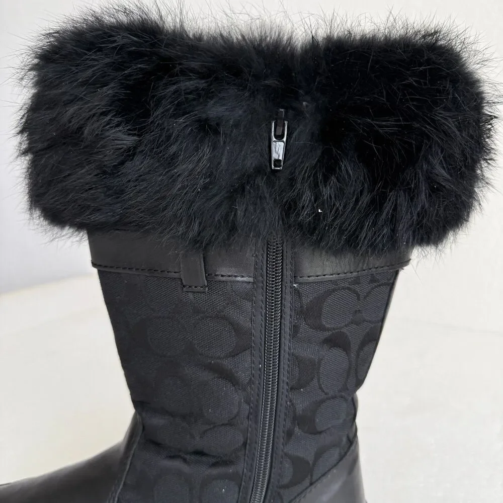 Coach Kimberly Fur Boots Women's 9M Black Leather Fabric Logo Pocket Side Zipper - Picture 14 of 16